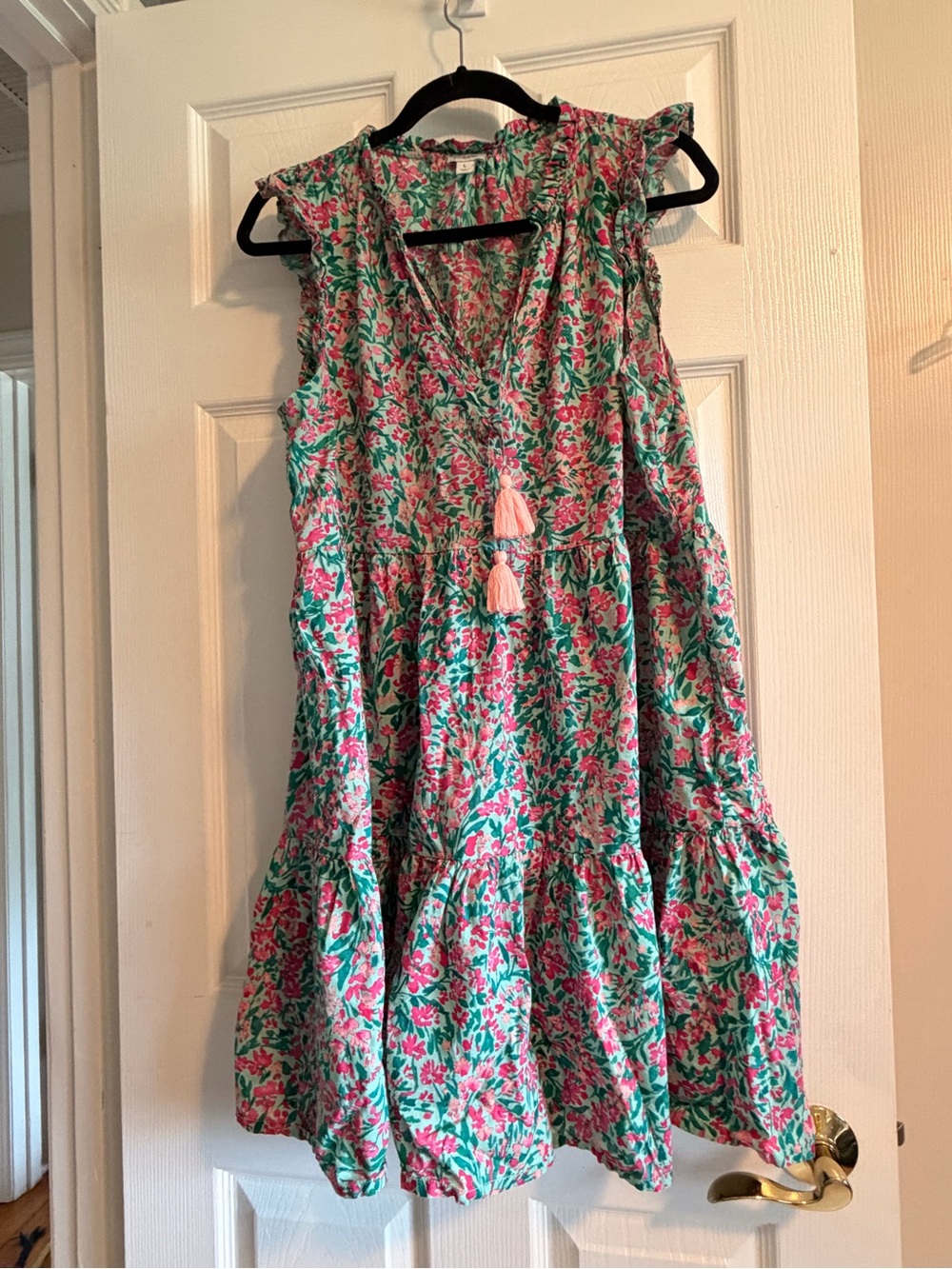 J. Crew Pink and Green Floral Tiered Dress with Tassel Detail